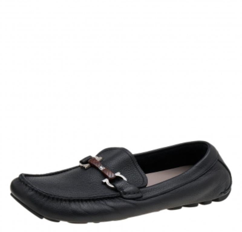 Salvatore Ferragamo Black Leather Gancini Bit Slip On Loafers Size 43 For Sale 1