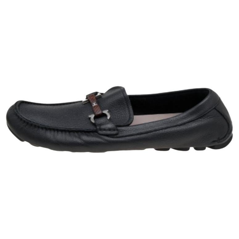 Salvatore Ferragamo Black Leather Gancini Bit Slip On Loafers Size 43 For Sale