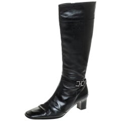 Salvatore Ferragamo Black Leather Gancini Detail Mid Calf Boots Size 36