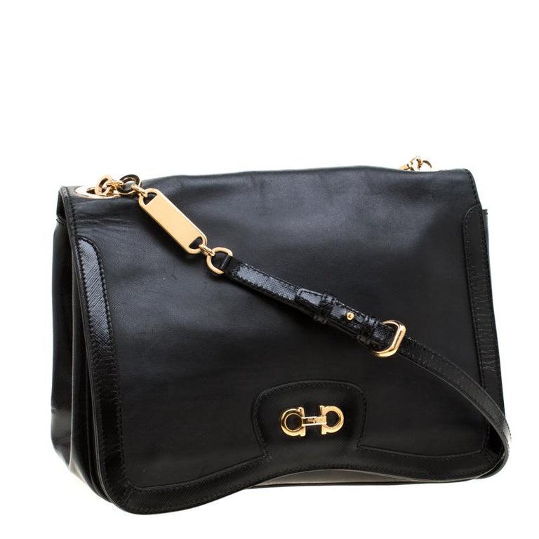 Salvatore Ferragamo Black Leather Gancini Flap Shoulder Bag For Sale at