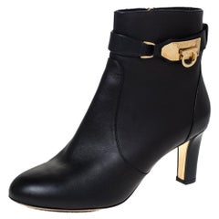 Salvatore Ferragamo Black Leather Gancini Lock Ankle Boots Size 38.5
