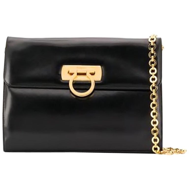 Gancini Black Leather Shoulder Bag By Ferragamo, Size: Medium