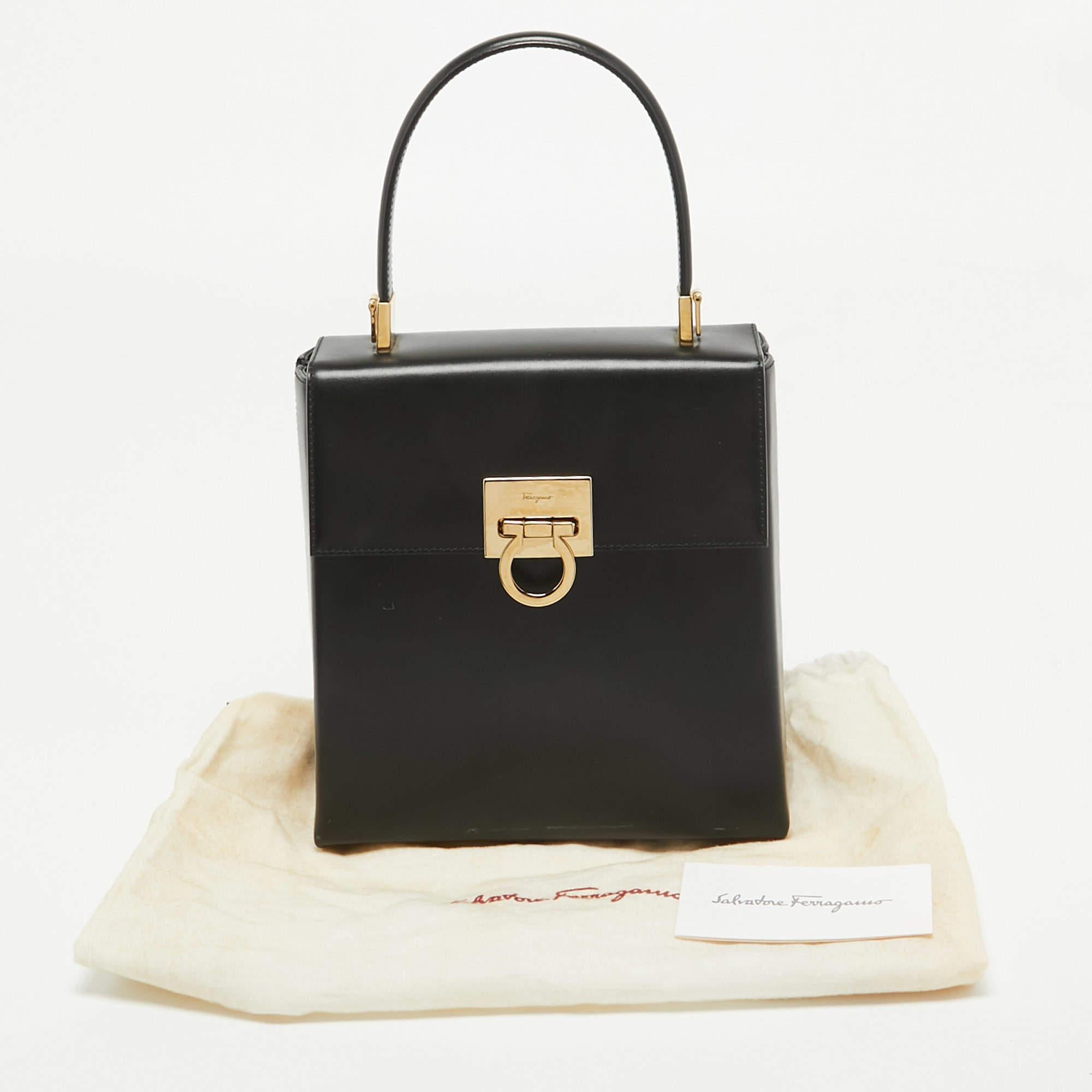 Salvatore Ferragamo Black Leather Gancini Top Handle Bag For Sale 7