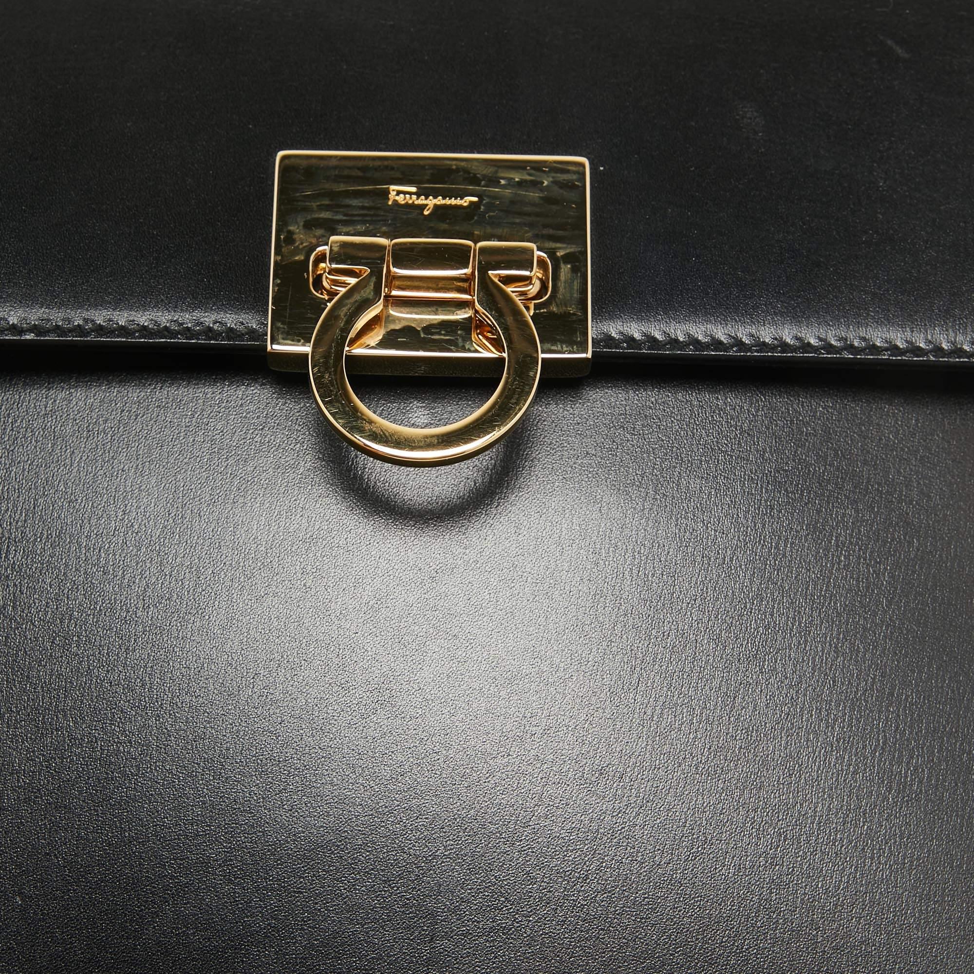 Salvatore Ferragamo Black Leather Gancini Top Handle Bag For Sale 4