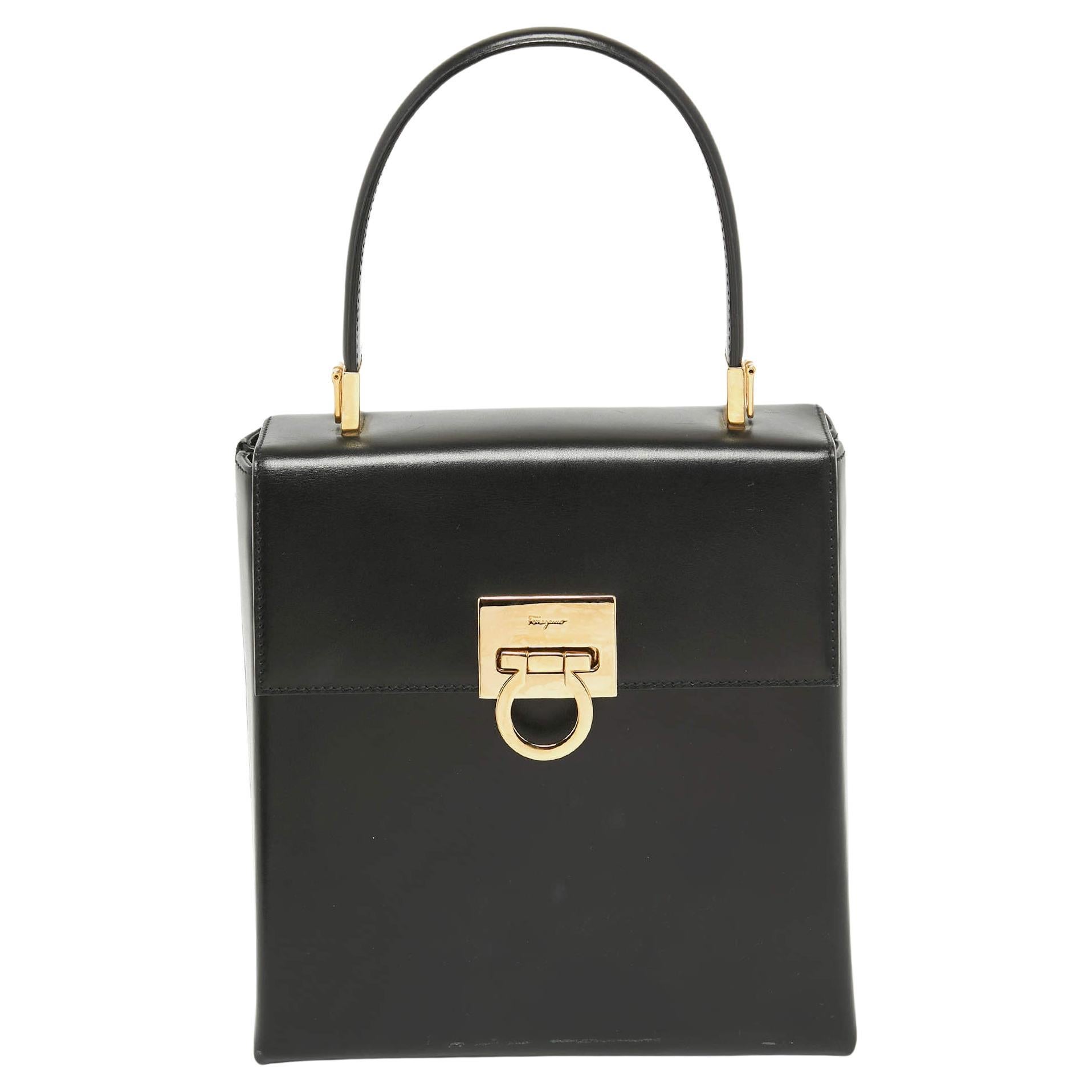 Salvatore Ferragamo Black Leather Gancini Top Handle Bag For Sale