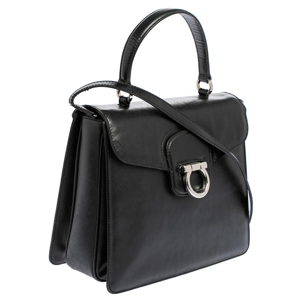 Women's Salvatore Ferragamo Black Leather Gancio Flap Top Handle Bag