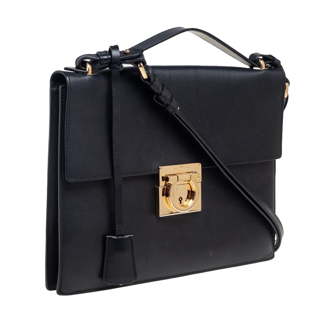 Salvatore Ferragamo Black Leather Gancio Lock Top Handle Bag In Good Condition In Dubai, Al Qouz 2