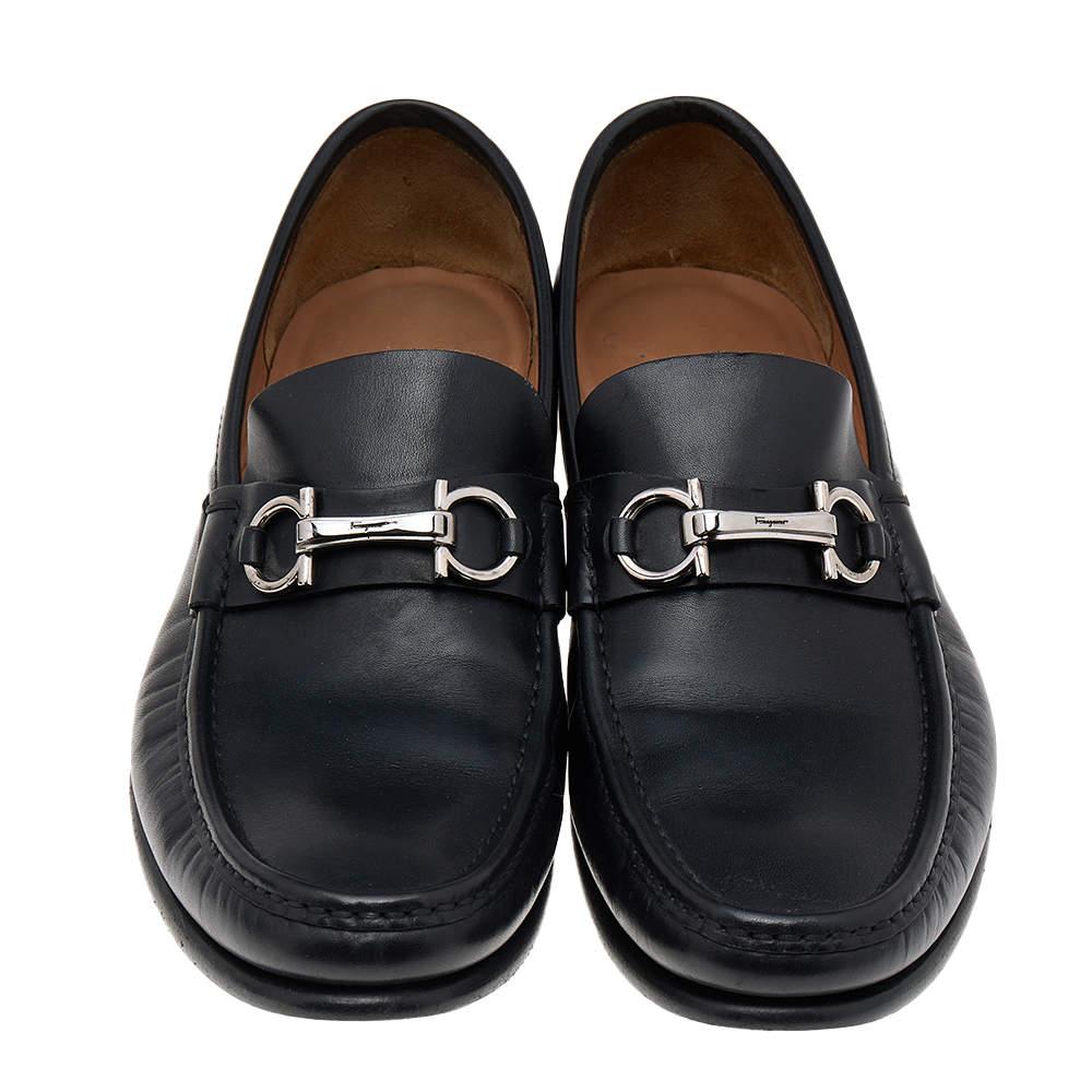 Salvatore Ferragamo Black Leather Gancio Slip On Loafers Size 43.5 For Sale 2