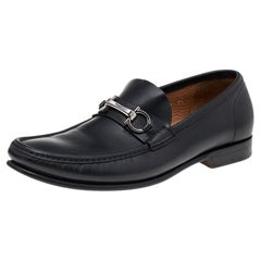 Used Salvatore Ferragamo Black Leather Gancio Slip On Loafers Size 43.5