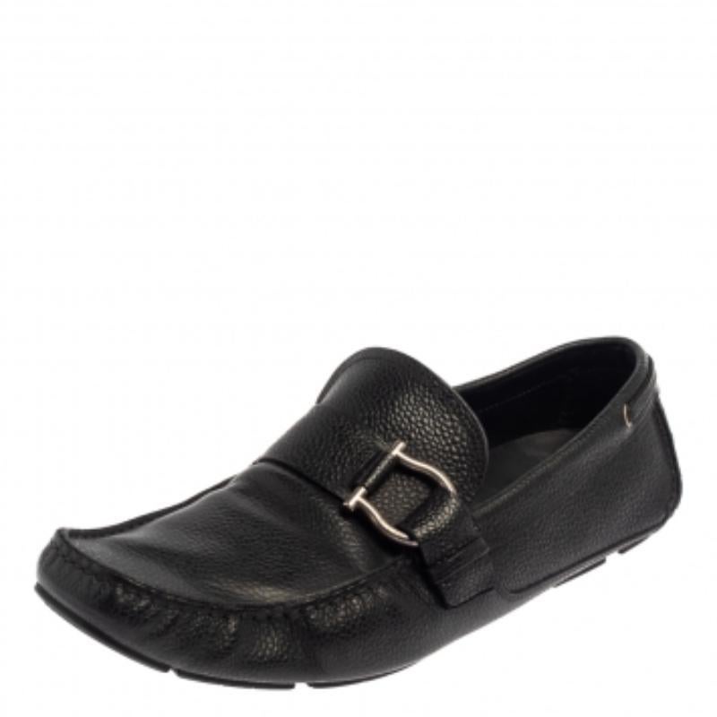 Men's Salvatore Ferragamo Black Leather Gancio Slip On Loafers Size 44 For Sale