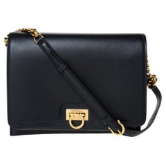 Salvatore Ferragamo Black Leather Gancio Square Shoulder Bag