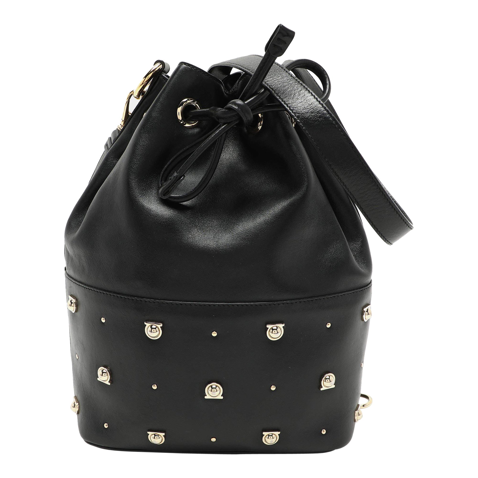 Salvatore Ferragamo Black Leather Gancio Stud Bucket bag