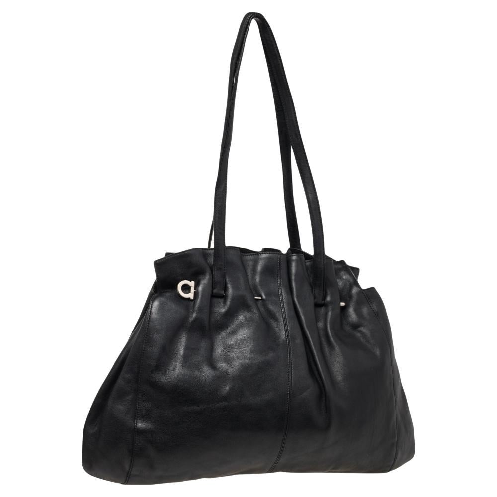 Women's Salvatore Ferragamo Black Leather Gathered Tote