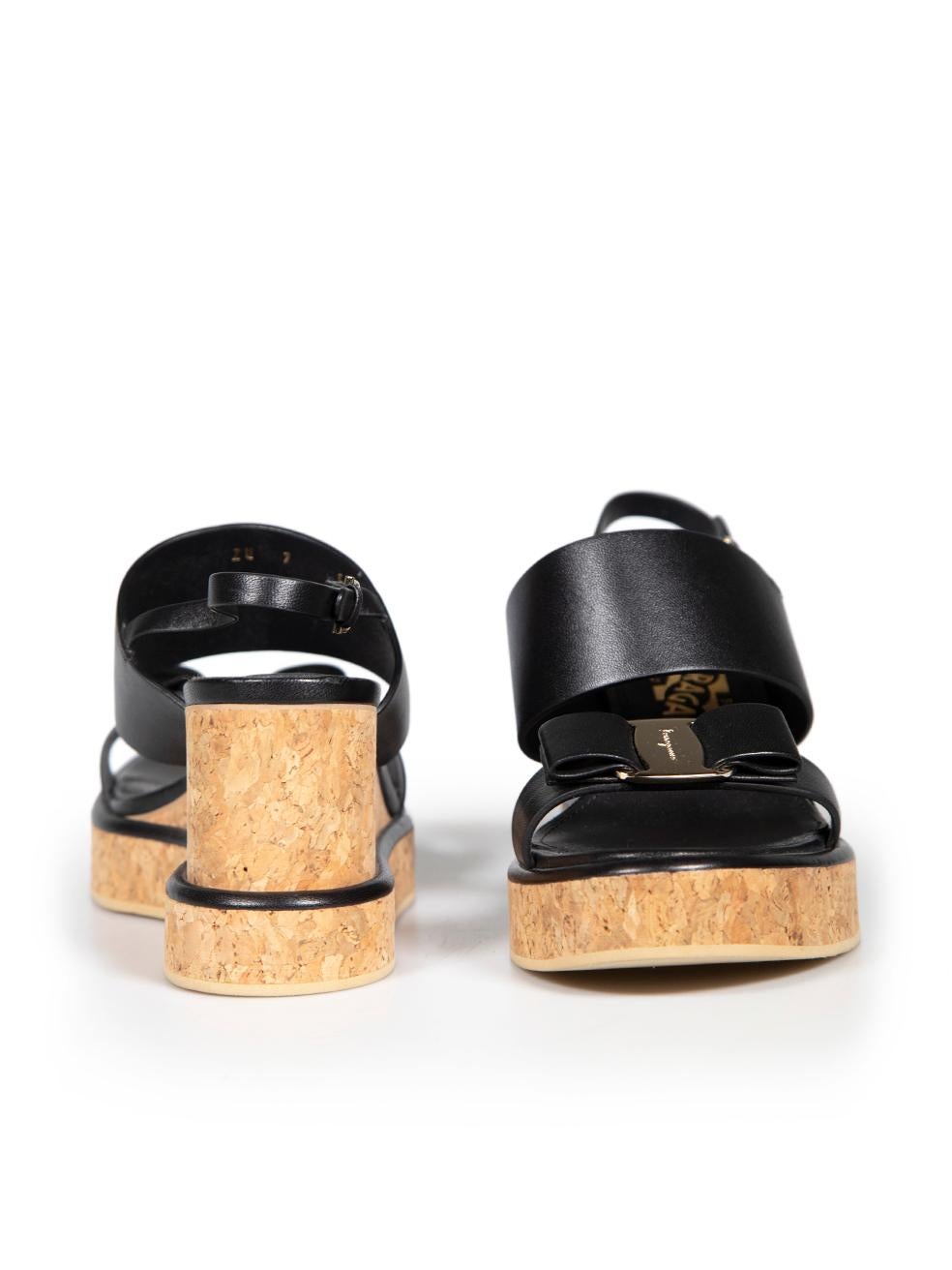 Salvatore Ferragamo Black Leather Giudith Cork Wedge Sandals Size IT 37 In New Condition For Sale In London, GB