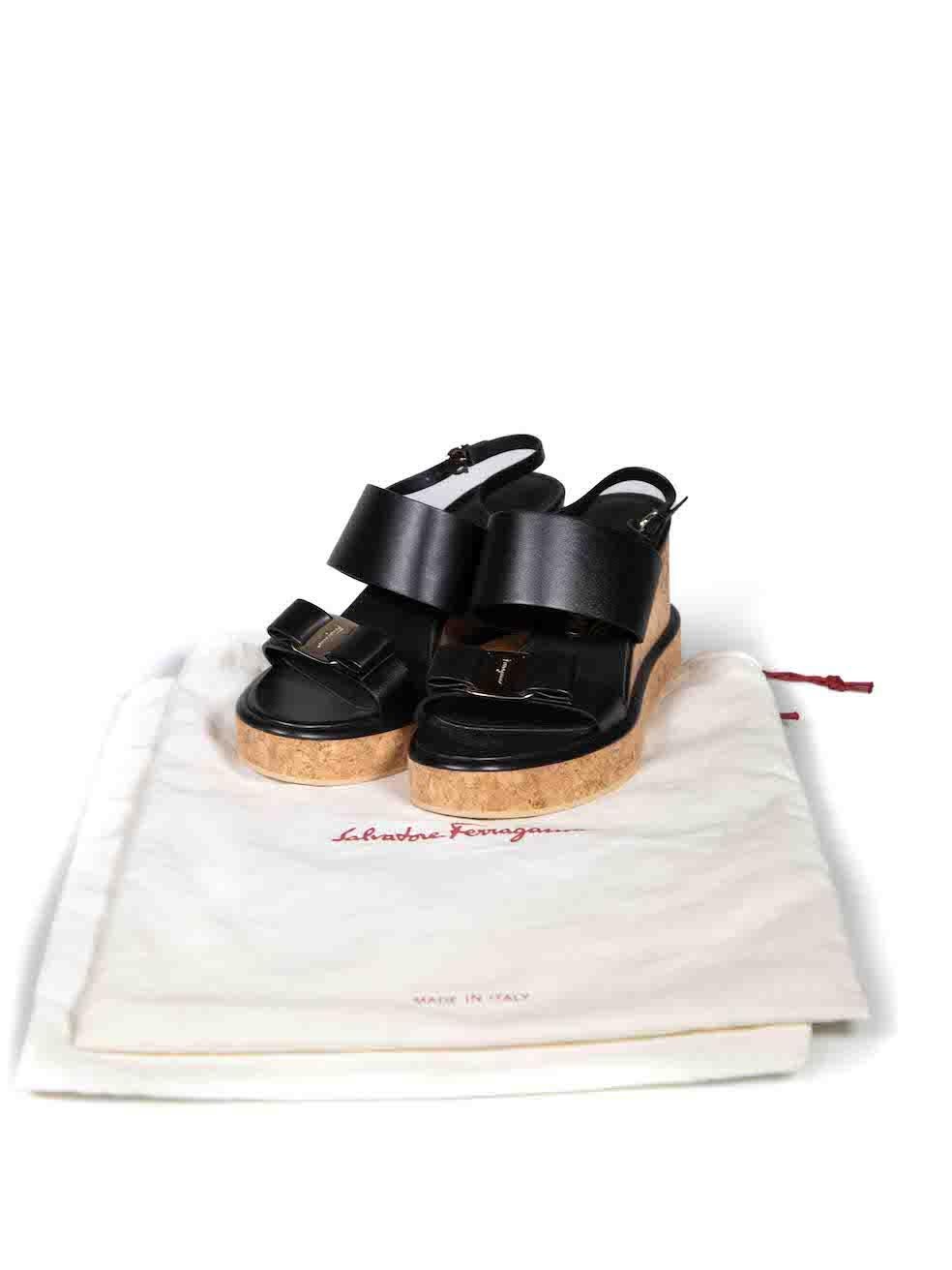 Salvatore Ferragamo Black Leather Giudith Cork Wedge Sandals Size IT 37 For Sale 2
