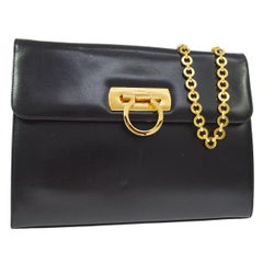 Salvatore Ferragamo Black Leather Gold 2 in 1 Clutch Shoulder Chain Flap Bag