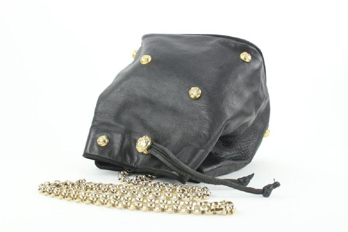 Salvatore Ferragamo Black Leather Icon Studs Drawstring Bucket Chain Shoulder In Good Condition In Dix hills, NY