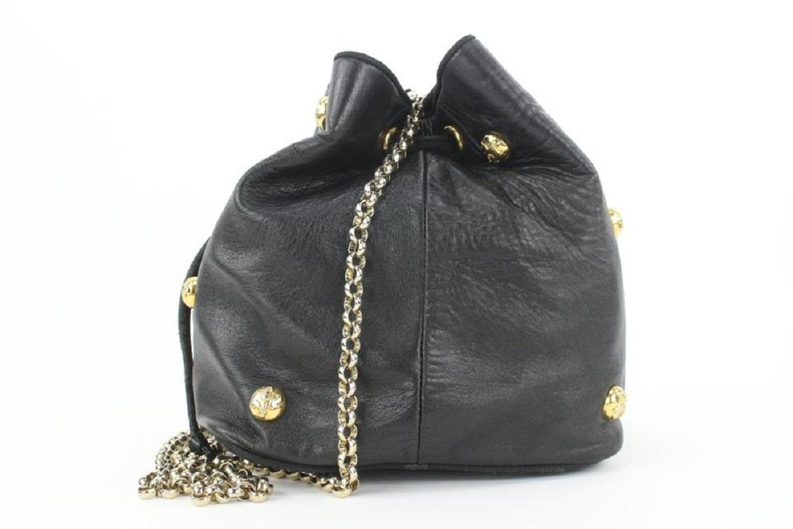 Women's Salvatore Ferragamo Black Leather Icon Studs Drawstring Bucket Chain Shoulder For Sale