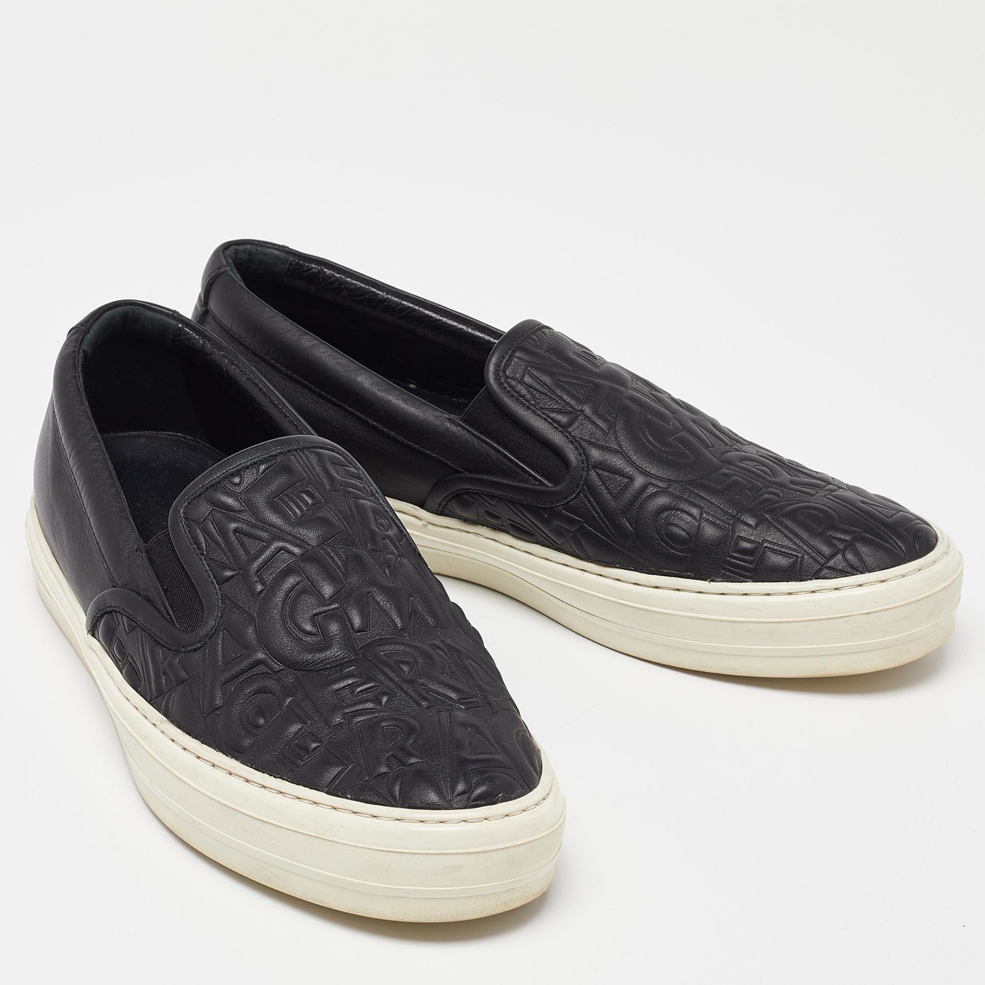 Women's Salvatore Ferragamo Black Leather Logo Embossed Slip On Sneakers Size 39