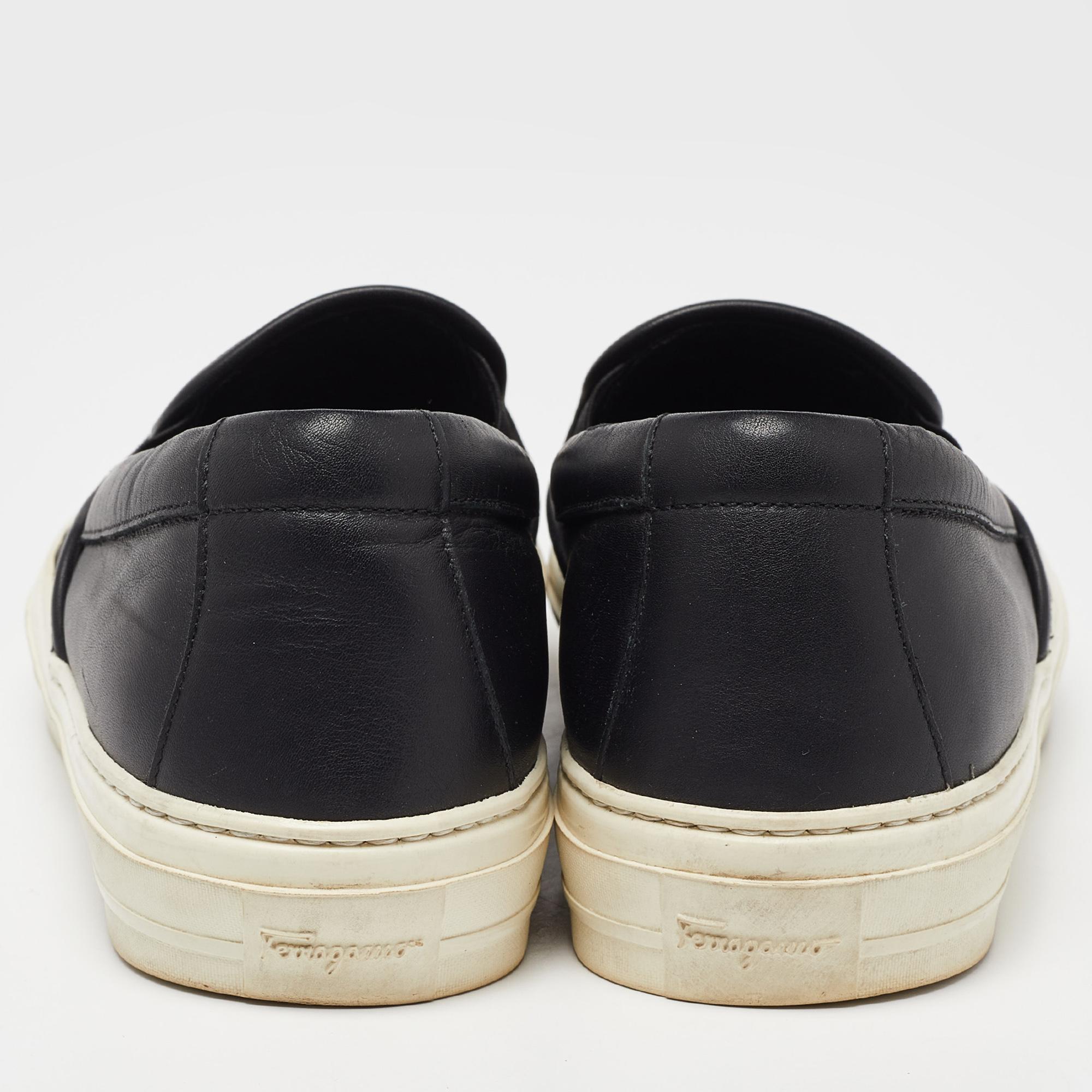Salvatore Ferragamo Black Leather Logo Embossed Slip On Sneakers Size 39 1