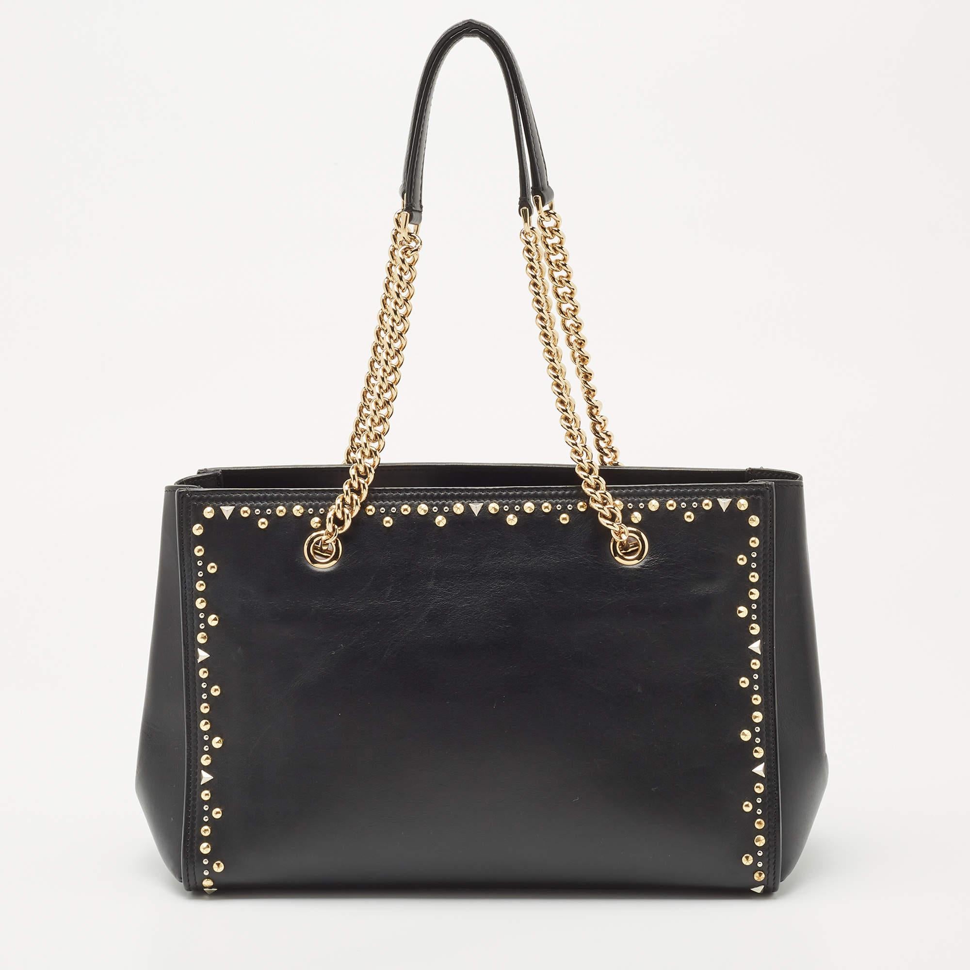 Salvatore Ferragamo Black Leather Medium Studded Melike Tote For
