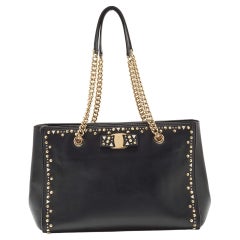 Salvatore Ferragamo Black Leather Medium Studded Melike Tote