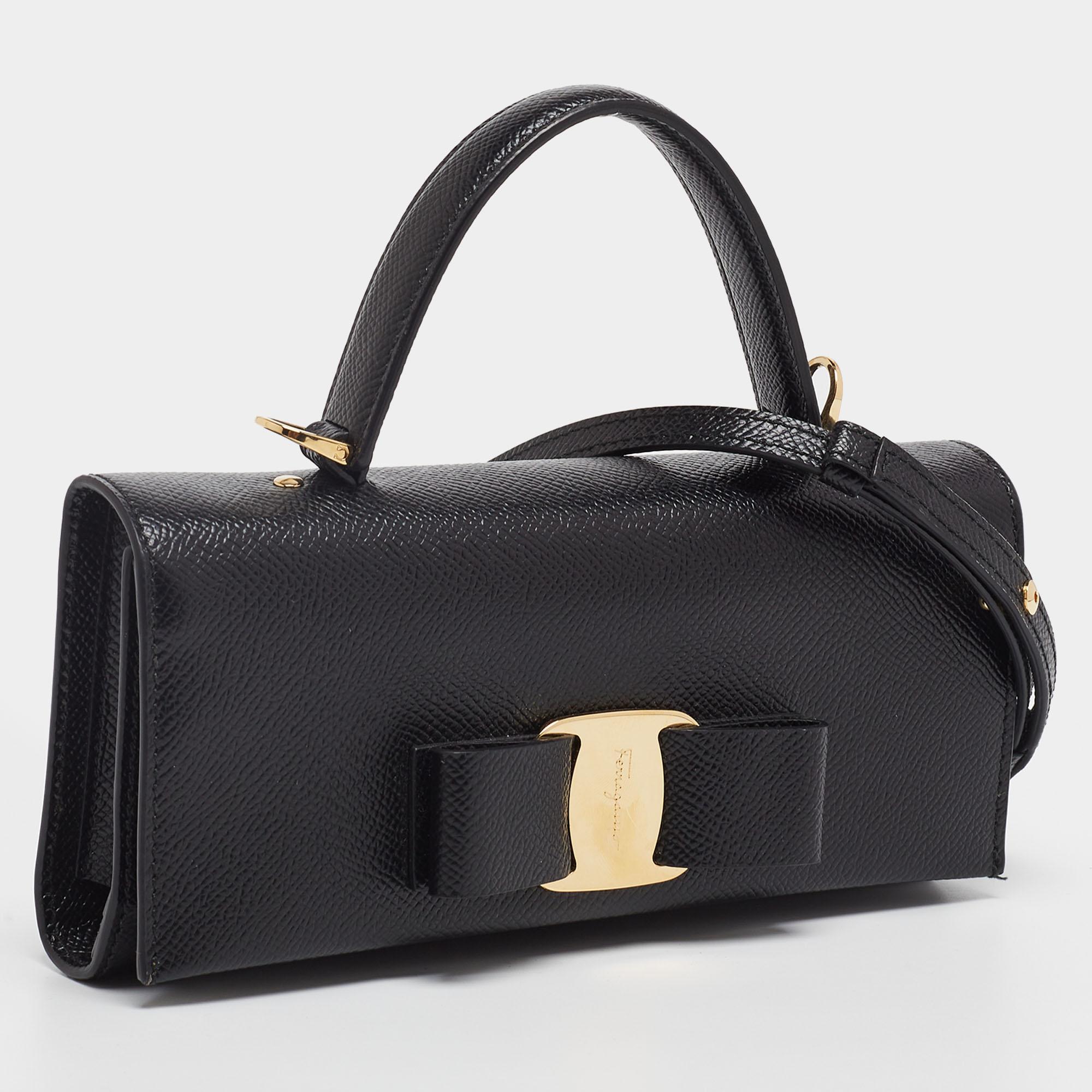 Women's  Salvatore Ferragamo Black Leather Mini Vara Bow Clutch Bag