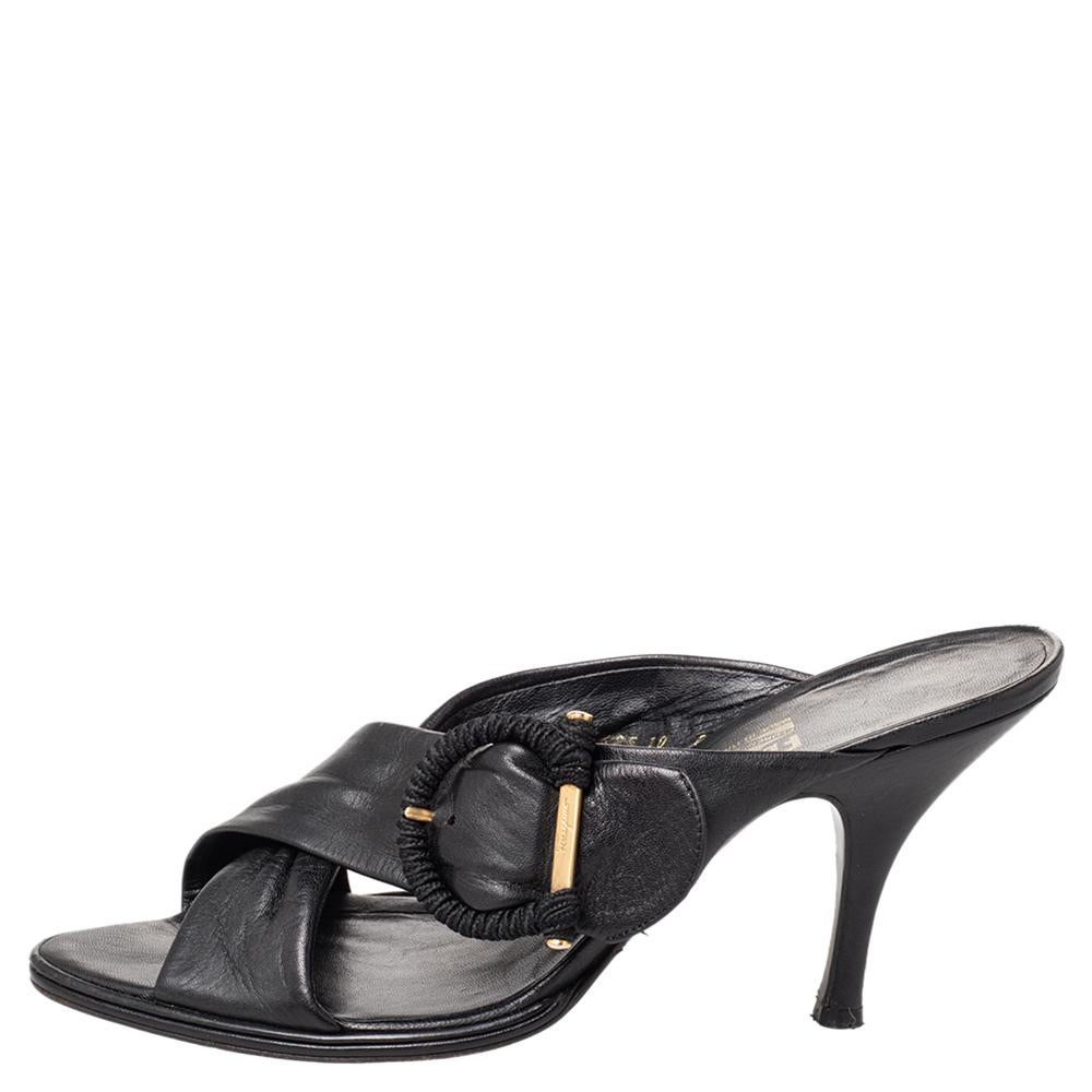 Salvatore Ferragamo Black Leather Mule Sandals Size 40.5 For Sale 1