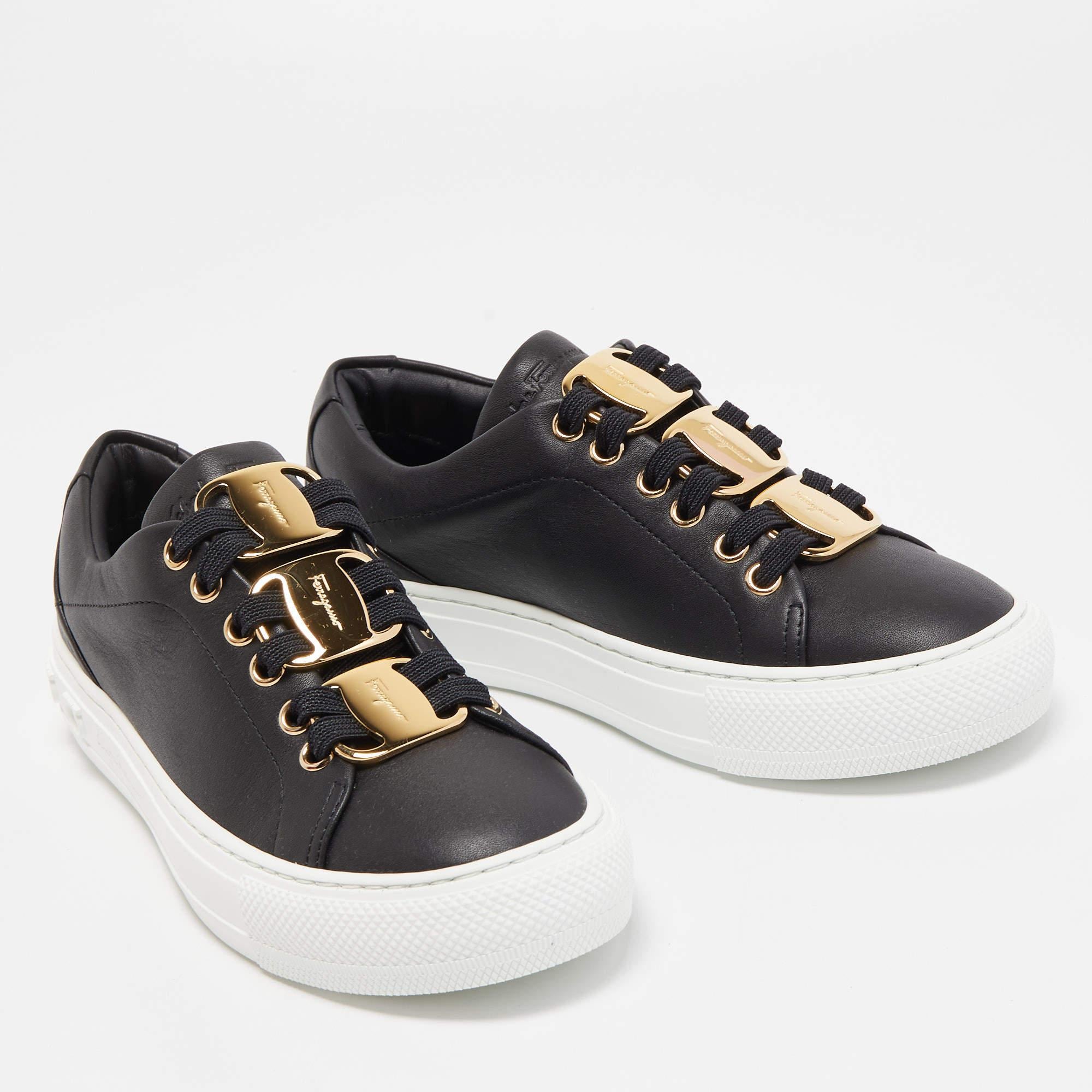 Salvatore Ferragamo Black Leather Nadine Low Top Sneakers Size 35.5 2