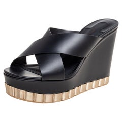 Salvatore Ferragamo Black Leather Nicosia Wedge Platform Sandals Size 39.5