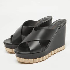 Salvatore Ferragamo Black Leather Nicosia Wedge Sandals Size 39.5