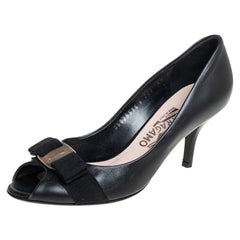 Salvatore Ferragamo Black Leather Pola Vara Bow Peep Toe Pumps Size 37