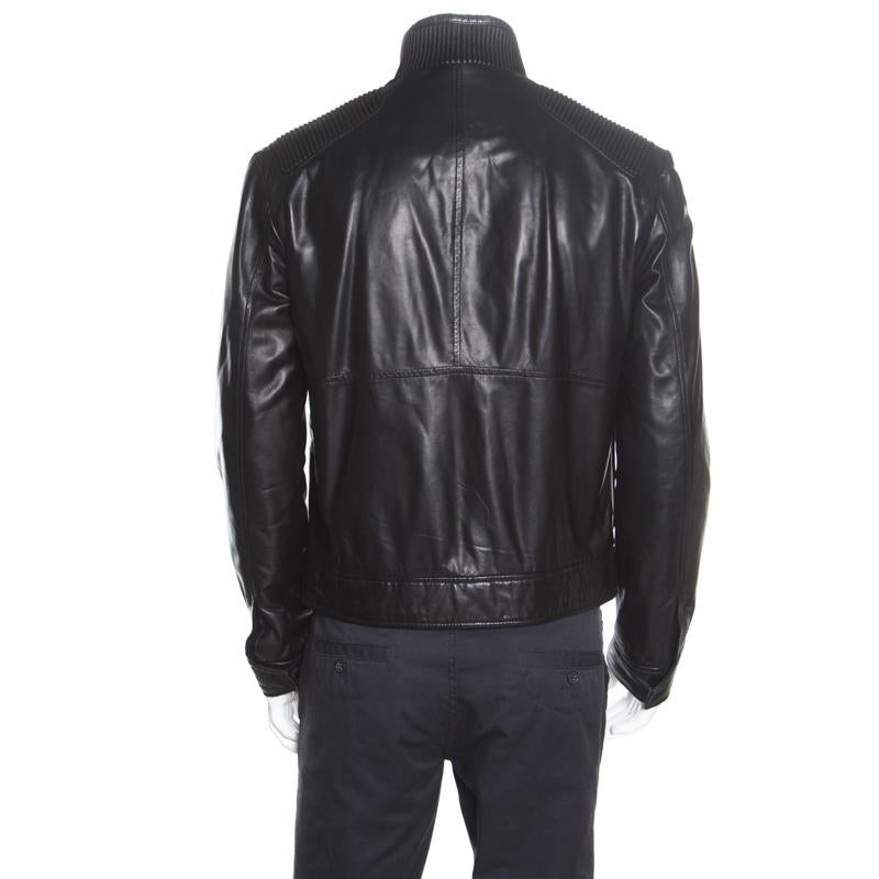 Salvatore Ferragamo Black Leather Quilted Shoulder Zip Front Jacket L ...
