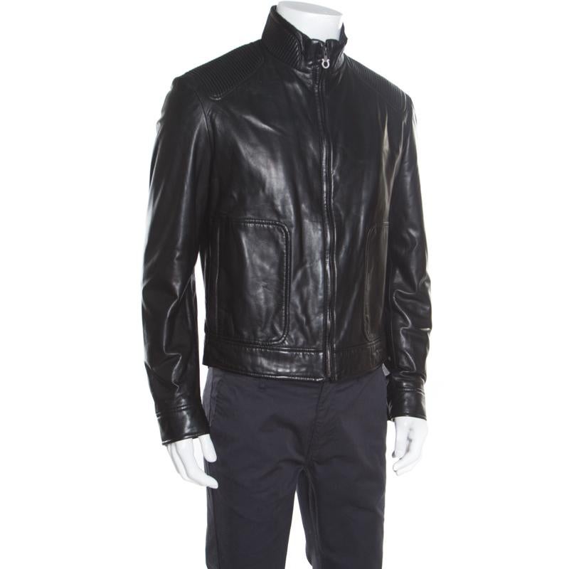 Salvatore Ferragamo Black Leather Quilted Shoulder Zip Front Jacket L