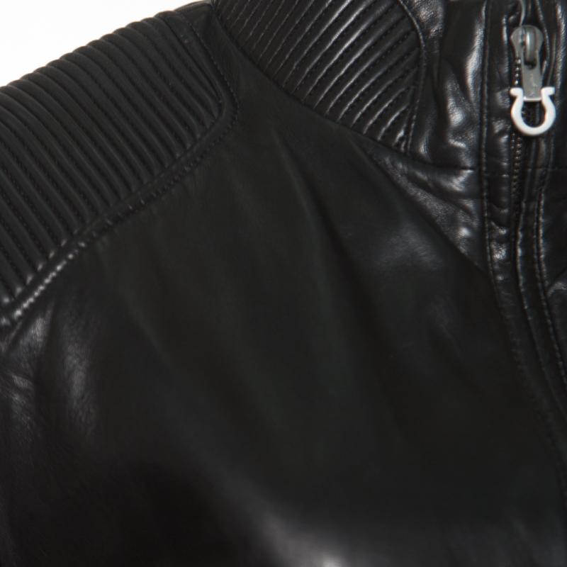 Salvatore Ferragamo Black Leather Quilted Shoulder Zip Front Jacket L