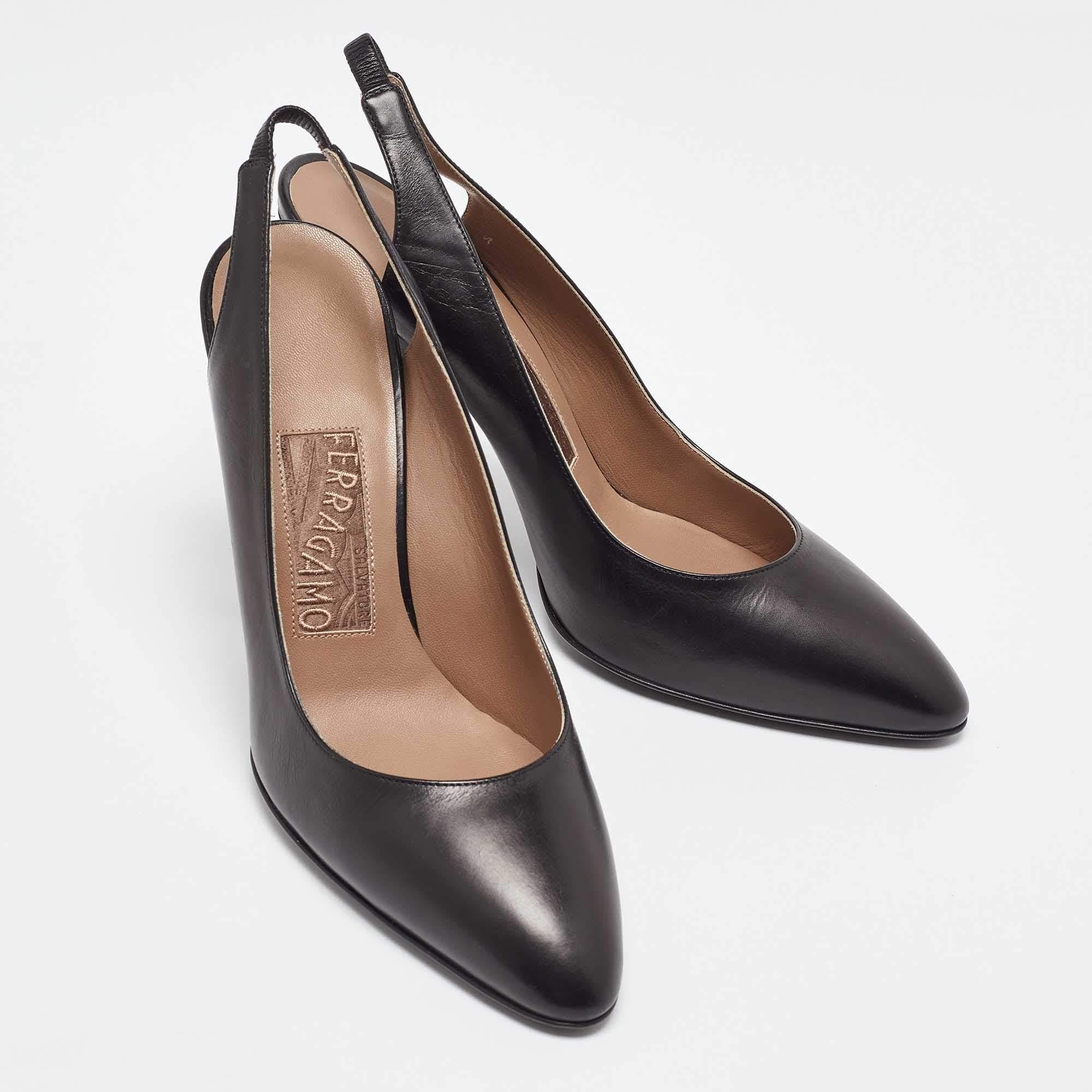Women's Salvatore Ferragamo Black Leather Slingback Pumps Size 37.5 For Sale