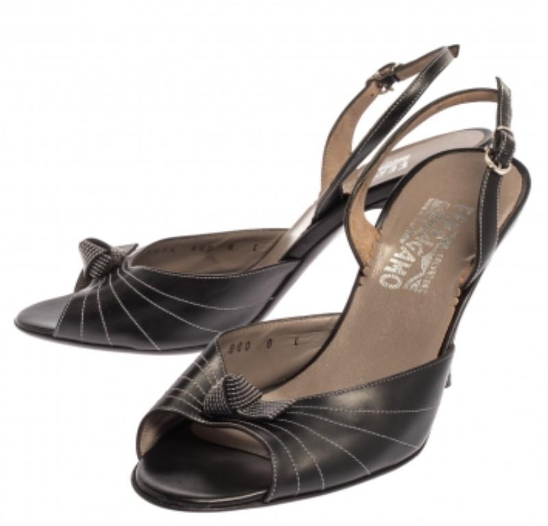 Salvatore Ferragamo Black Leather Slingback Sandals Size 38.5 For Sale 2