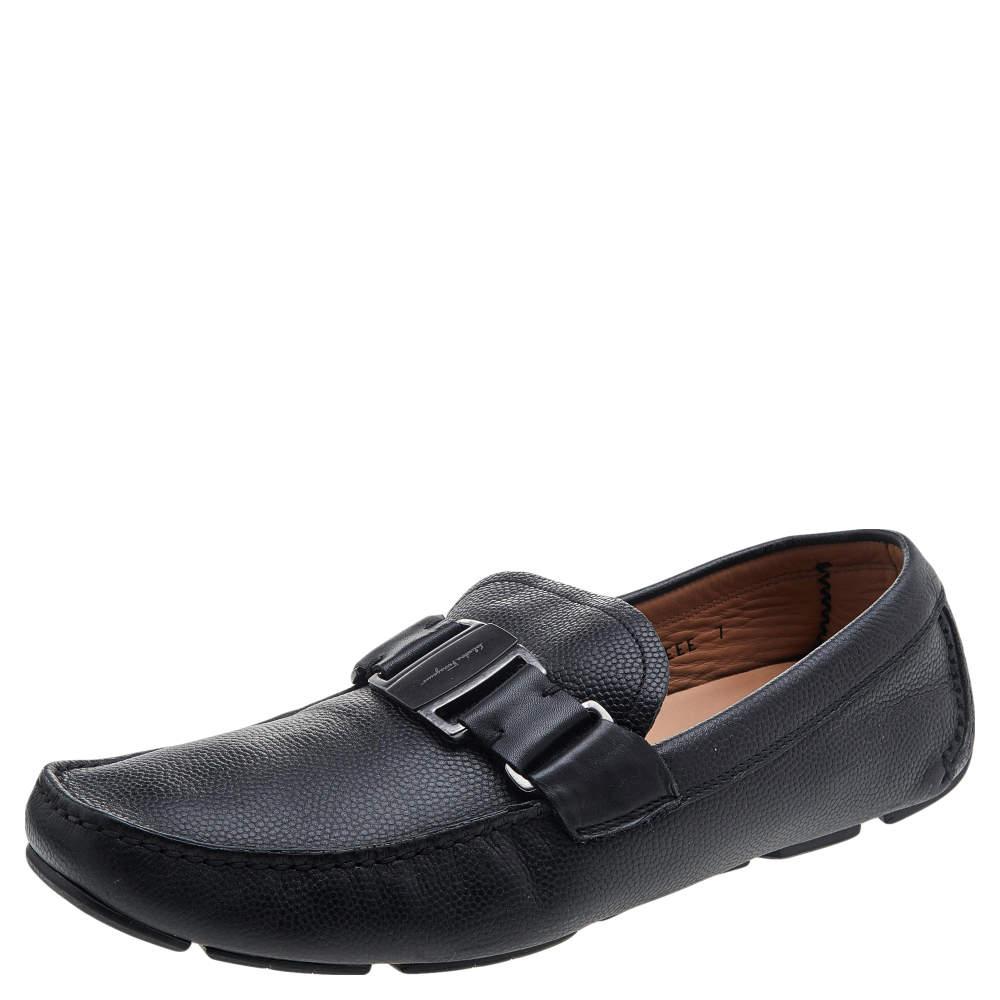 Salvatore Ferragamo Black Leather Slip On Loafers Size 41 For Sale