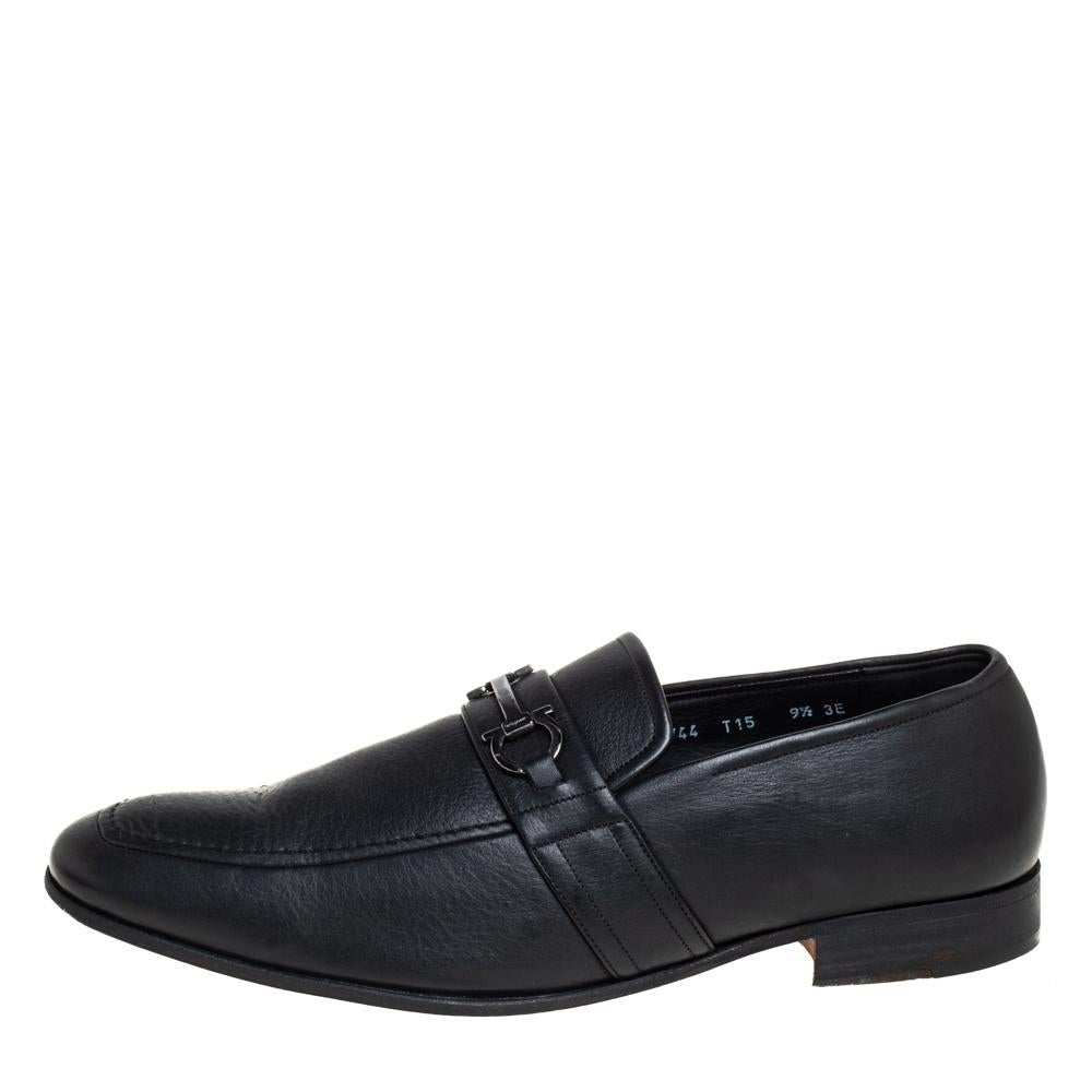 Salvatore Ferragamo Black Leather Slip On Loafers Size 43.5 For Sale 1