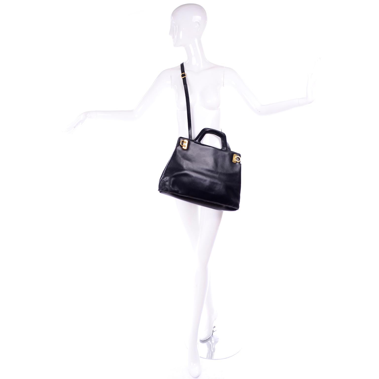 Salvatore Ferragamo Black Leather Top Handle Tote Handbag Shoulder Bag In Good Condition In Portland, OR