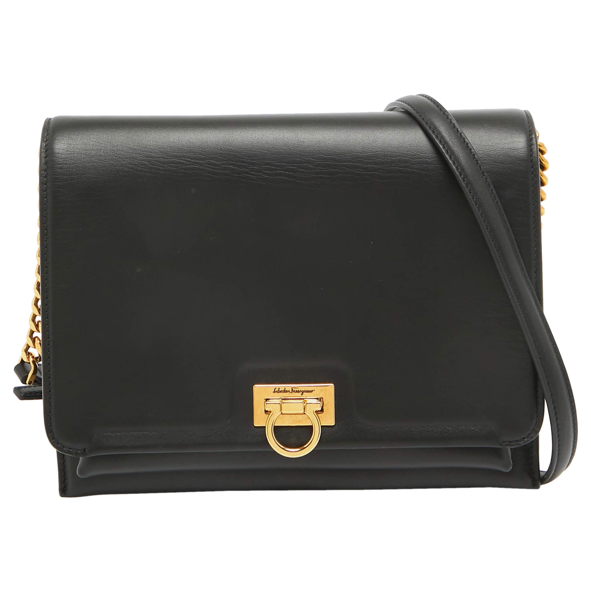 Salvatore Ferragamo Black Leather Trifolio Flap Shoulder Bag