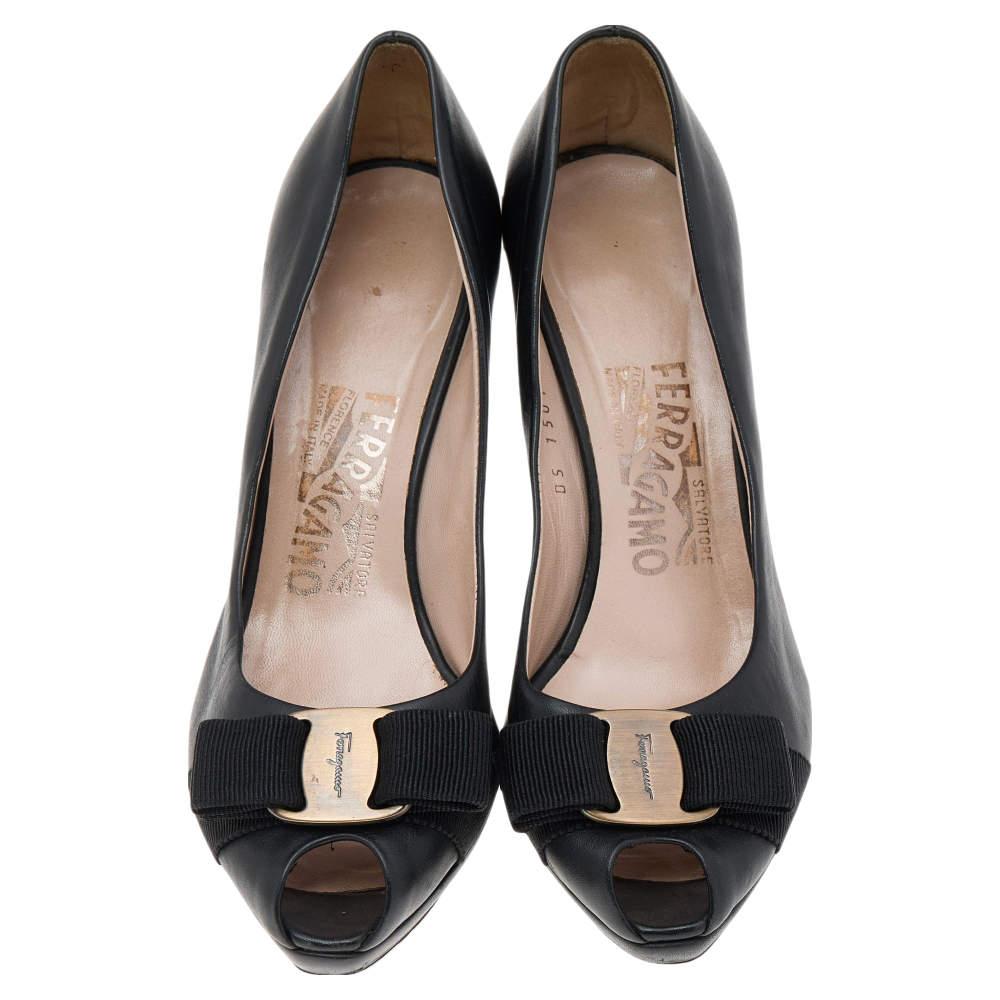 Salvatore Ferragamo Black Leather Vara Bow Peep Toe Pumps Size 36.5 For Sale 3
