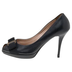 Salvatore Ferragamo Black Leather Vara Bow Peep Toe Pumps Size 36.5