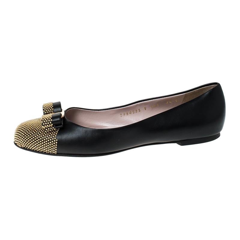 Salvatore Ferragamo Black Leather Varina Studded Ballet Flats Size 38