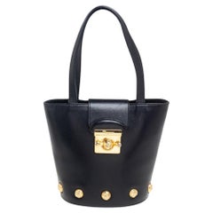 Salvatore Ferragamo Black Leather Vintage Flap-Lock Bucket Bag