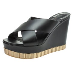 Salvatore Ferragamo Black Leather Wedge Platform Cross Strap Sandals Size 39.5