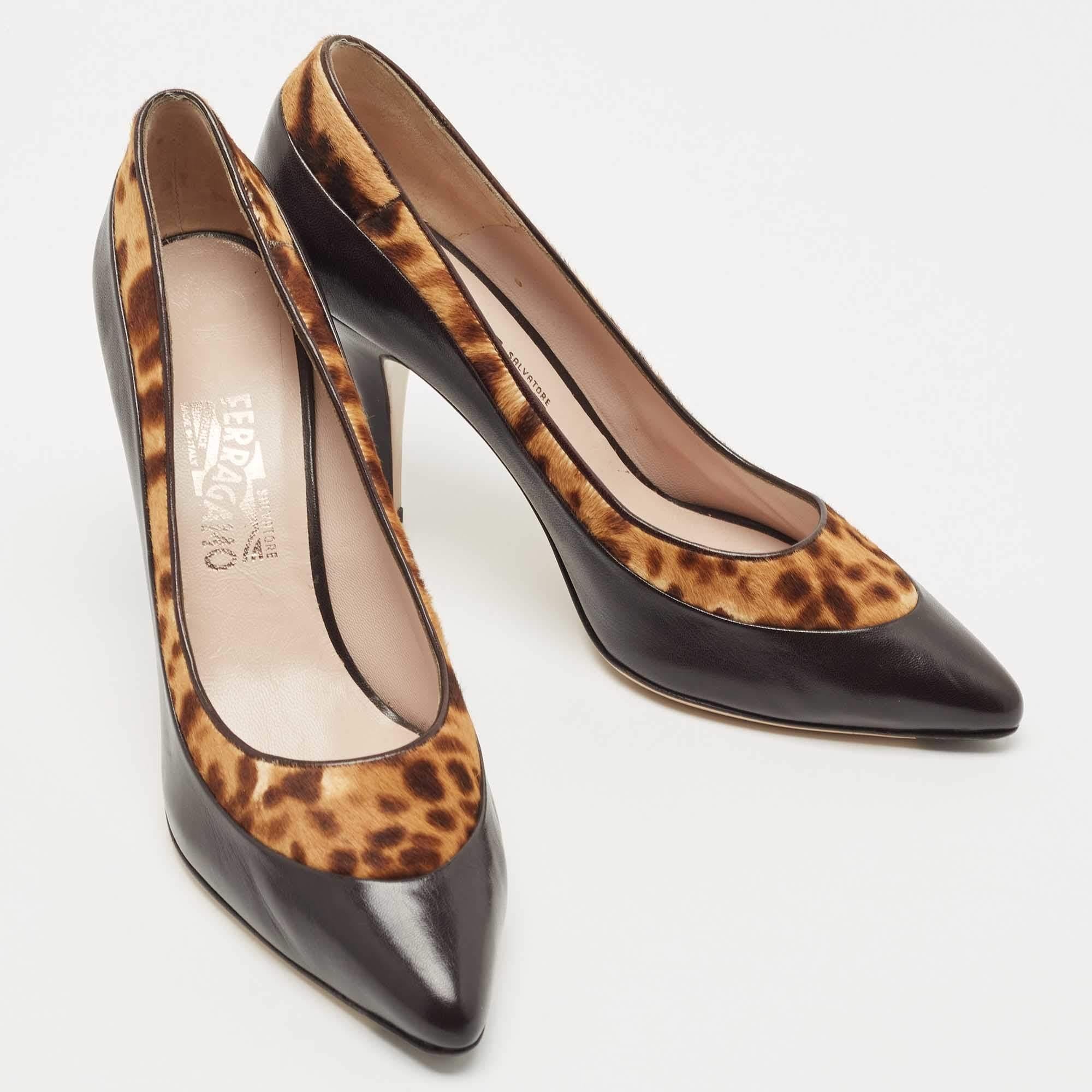 Salvatore Ferragamo Black/Leopard Print Leather Pointed Toe Pumps Size 41 1