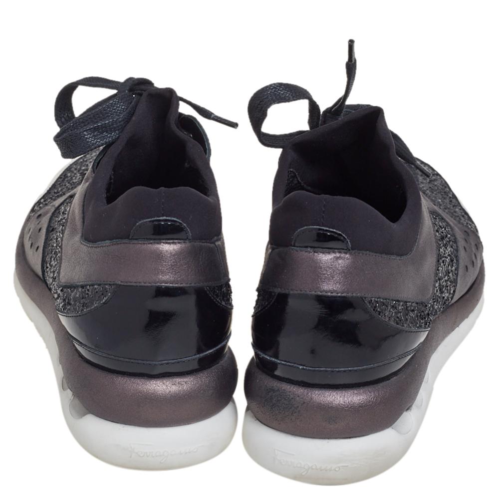 Salvatore Ferragamo Black/Metallic Grey Leather Low Top Sneakers Size 39 2