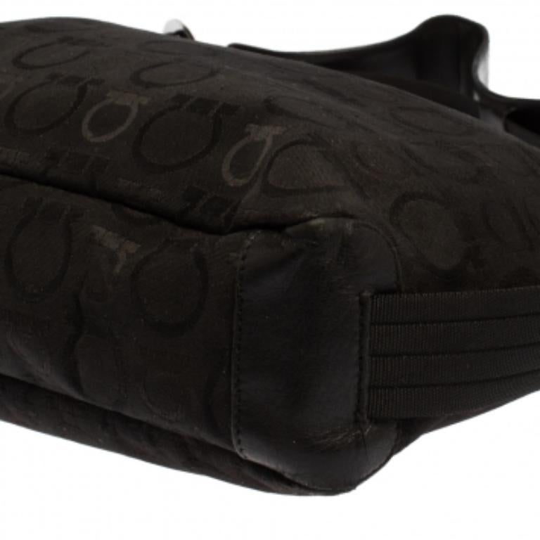 Salvatore Ferragamo Black Monogram Canvas and Leather Hobo In Fair Condition For Sale In Dubai, Al Qouz 2