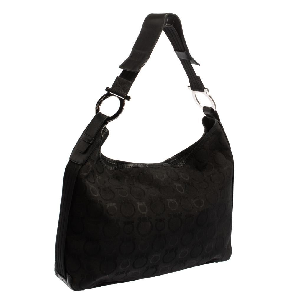 Salvatore Ferragamo Black Monogram Canvas and Leather Hobo In Good Condition For Sale In Dubai, Al Qouz 2